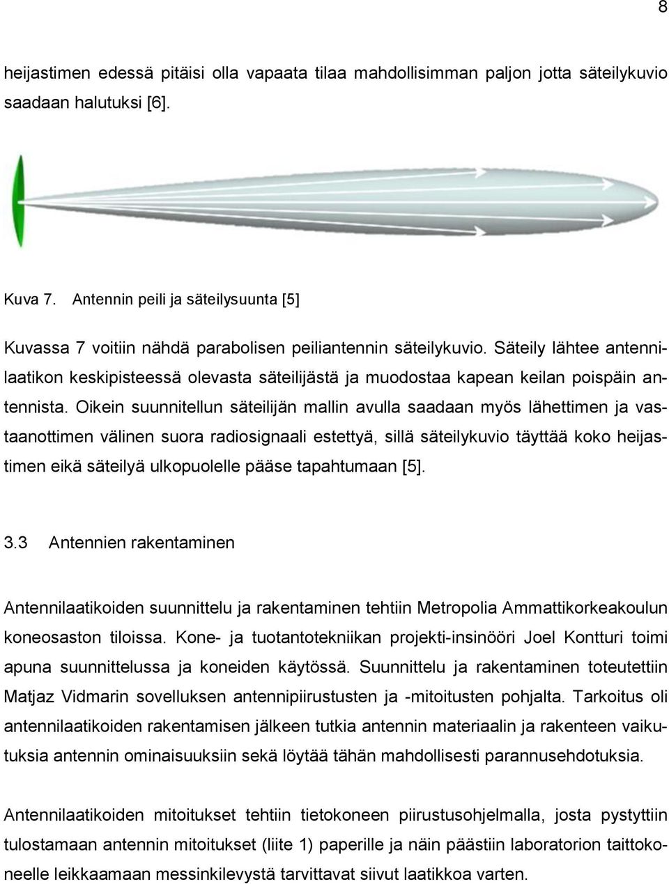 Säteily lähtee antennilaatikon keskipisteessä olevasta säteilijästä ja muodostaa kapean keilan poispäin antennista.