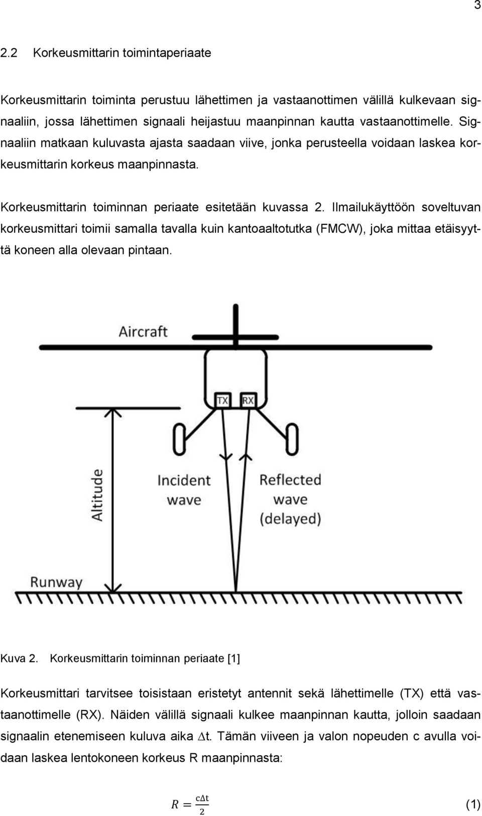 Ilmailukäyttöön soveltuvan korkeusmittari toimii samalla tavalla kuin kantoaaltotutka (FMCW), joka mittaa etäisyyttä koneen alla olevaan pintaan. Kuva 2.