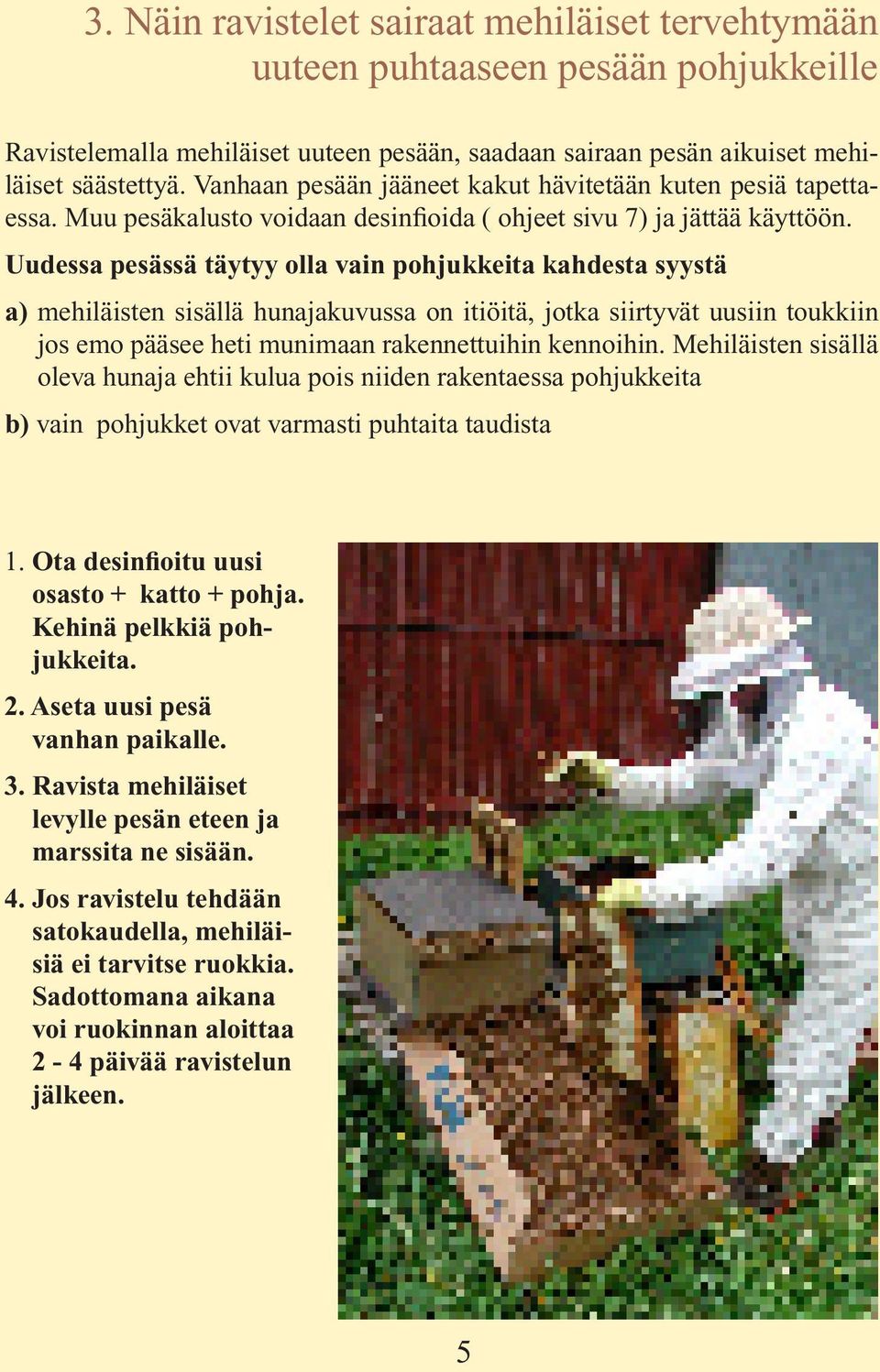 Uudessa pesässä täytyy olla vain pohjukkeita kahdesta syystä a) mehiläisten sisällä hunajakuvussa on itiöitä, jotka siirtyvät uusiin toukkiin jos emo pääsee heti munimaan rakennettuihin kennoihin.