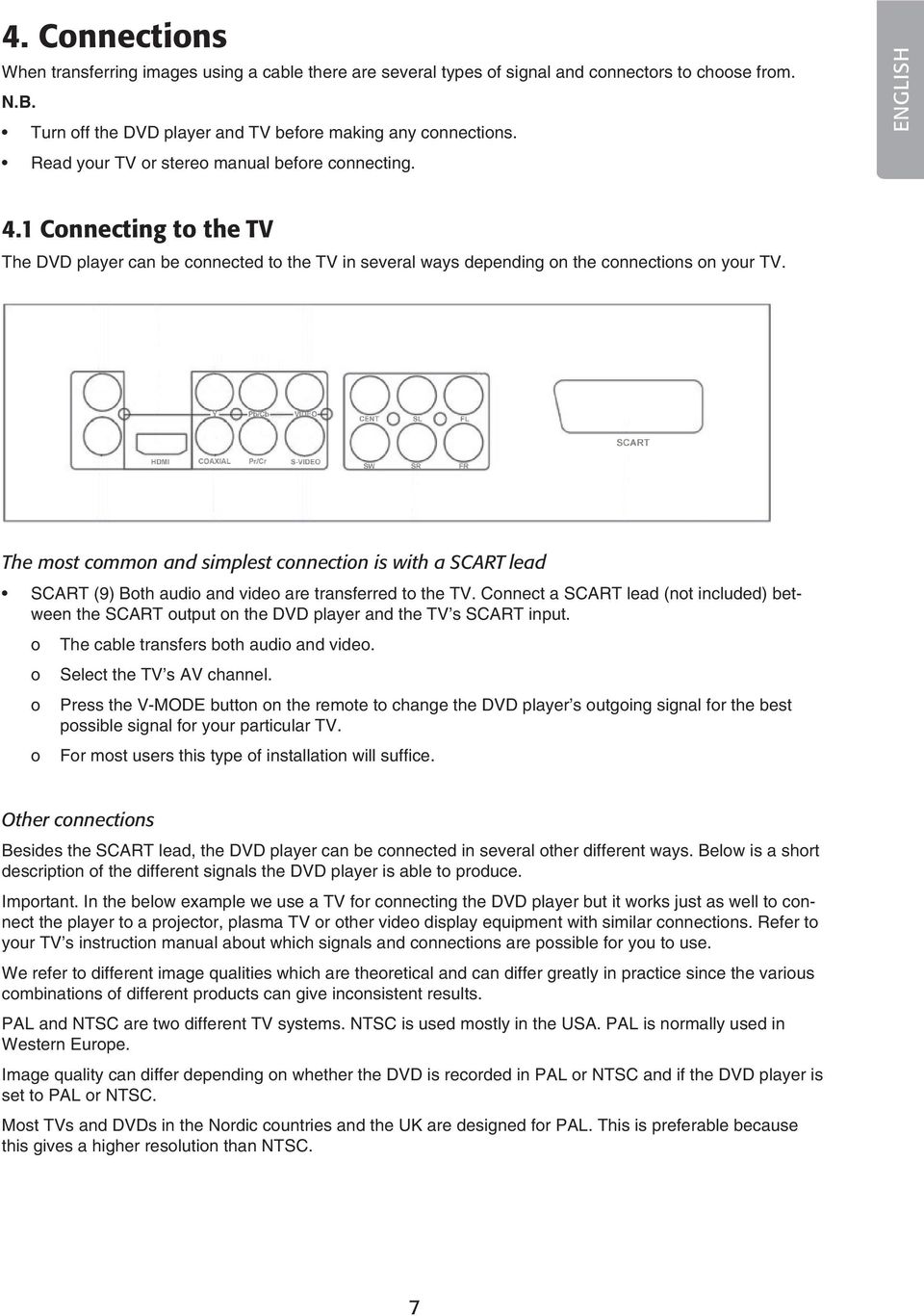 The most common and simplest connection is with a SCART lead SCART (9) Both audio and video are transferred to the TV.