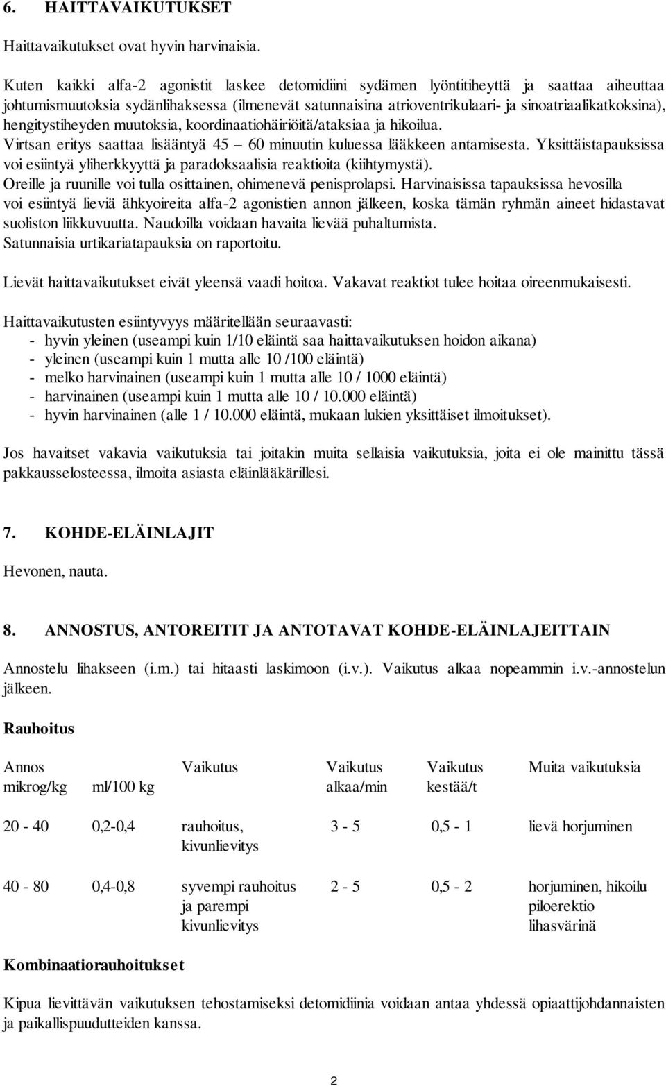 hengitystiheyden muutoksia, koordinaatiohäiriöitä/ataksiaa ja hikoilua. Virtsan eritys saattaa lisääntyä 45 60 minuutin kuluessa lääkkeen antamisesta.