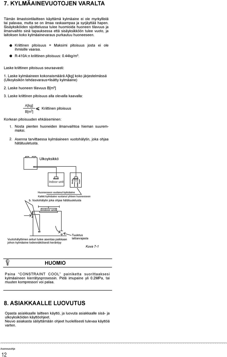 Sisäyksiköiden '-5'#9-'&*,:%-%6)(&,#*9%'))7%)5%,"-%/01%$")46+%8#9%-*9)49"%% sijoittelussa tulee huomioida huoneen tilavuus ja ilmanvaihto sinä tapauksessa että sisäyksikköön tulee vuoto,