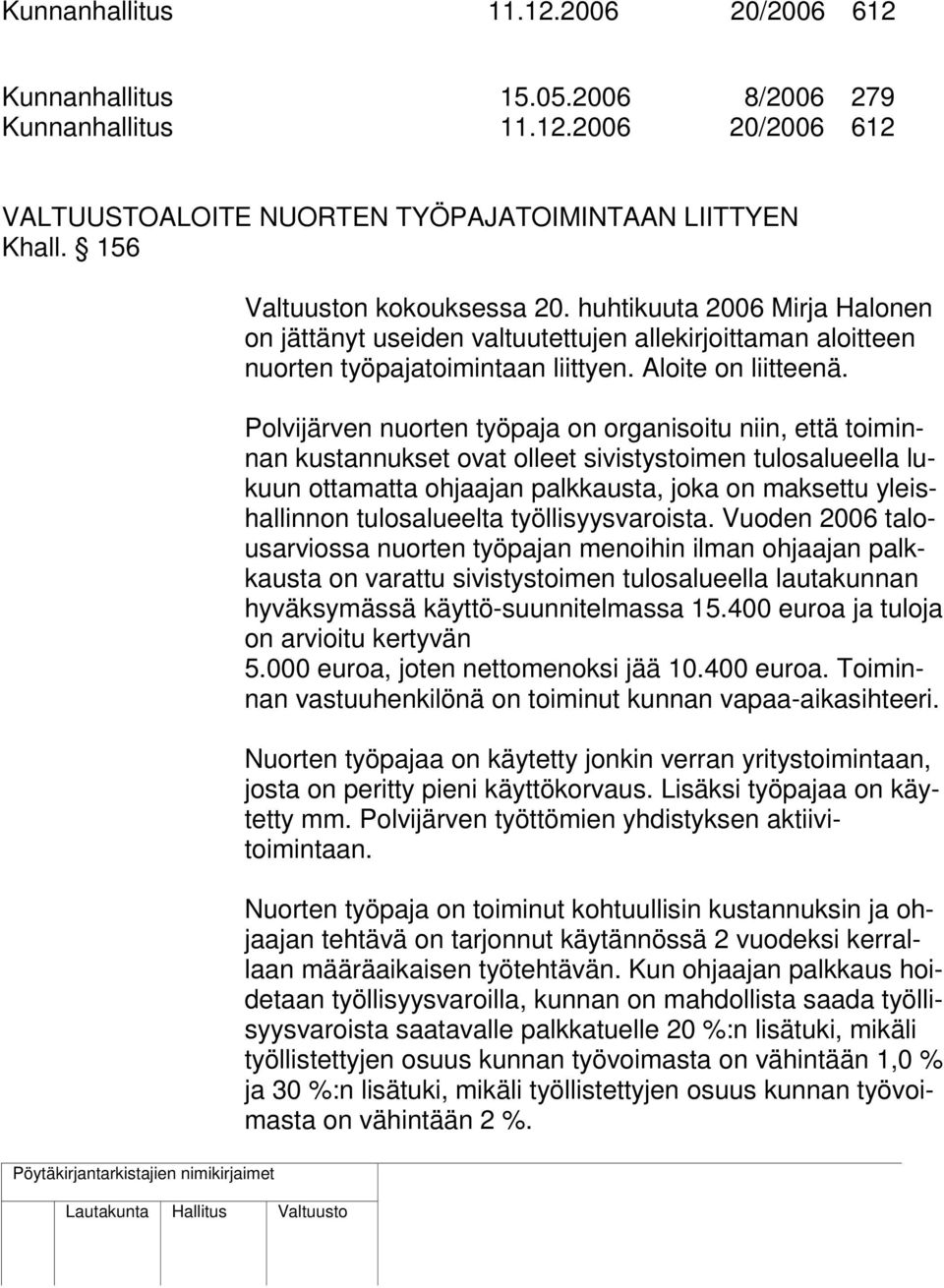 Polvijärven nuorten työpaja on organisoitu niin, että toiminnan kustannukset ovat olleet sivistystoimen tulosalueella lukuun ottamatta ohjaajan palkkausta, joka on maksettu yleishallinnon