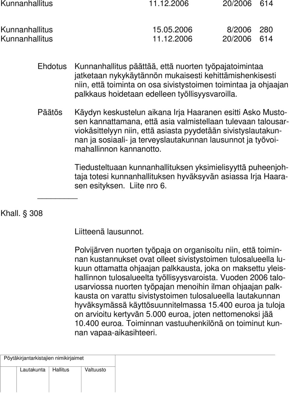 2006 8/2006 280 2006 20/2006 614 Ehdotus Kunnanhallitus päättää, että nuorten työpajatoimintaa jatketaan nykykäytännön mukaisesti kehittämishenkisesti niin, että toiminta on osa sivistystoimen