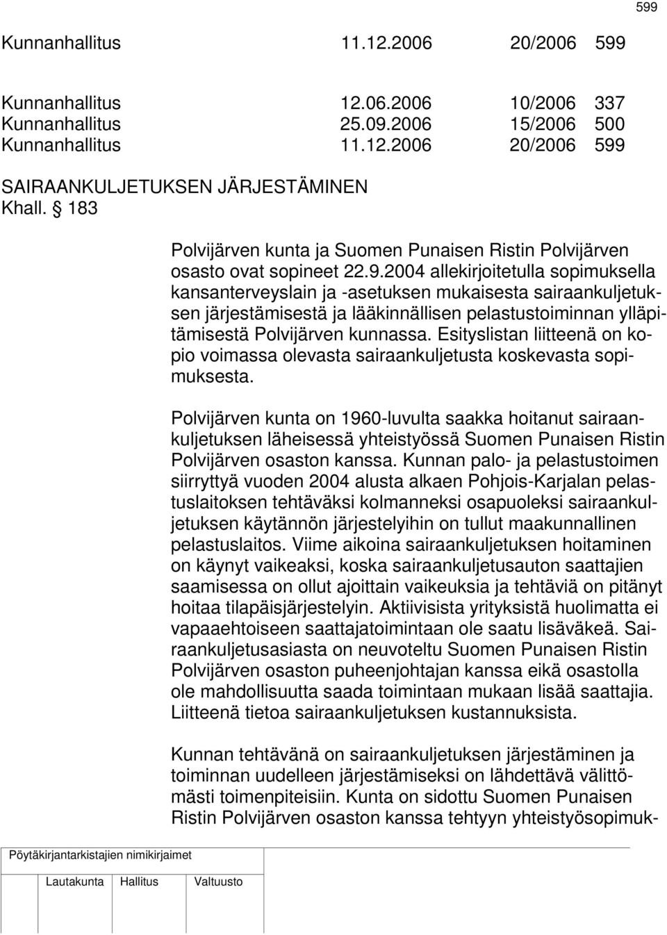 2004 allekirjoitetulla sopimuksella kansanterveyslain ja -asetuksen mukaisesta sairaankuljetuksen järjestämisestä ja lääkinnällisen pelastustoiminnan ylläpitämisestä Polvijärven kunnassa.