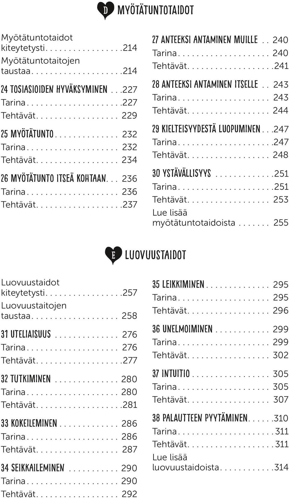 ................. 237 E 27 Anteeksi antaminen muille... 240 Tarina.................... 240 Tehtävät.................. 241 28 Anteeksi antaminen itselle... 243 Tarina.................... 243 Tehtävät.