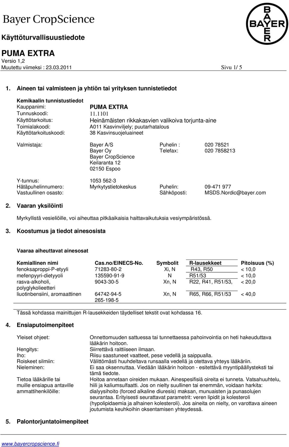 Bayer CropScience Keilaranta 12 02150 Espoo Puhelin : Telefax: 020 78521 020 7858213 Y-tunnus: 1053 562-3 Hätäpuhelinnumero: Myrkytystietokeskus Puhelin: 09-471 977 Vastuullinen osasto: Sähköposti: