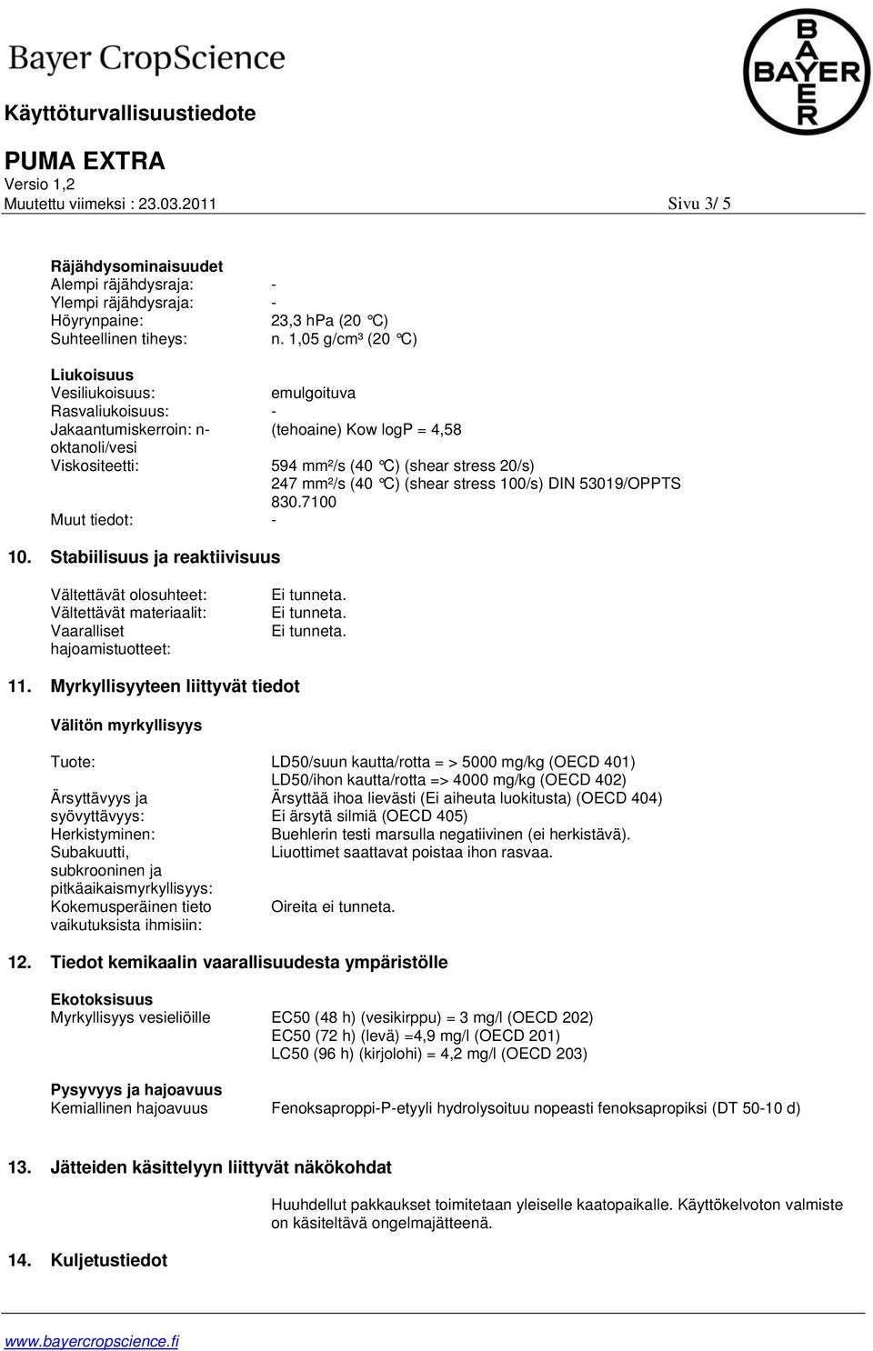 mm²/s (40 C) (shear stress 100/s) DIN 53019/OPPTS 830.7100 Muut tiedot: - 10. Stabiilisuus ja reaktiivisuus Vältettävät olosuhteet: Vältettävät materiaalit: Vaaralliset hajoamistuotteet: 11.