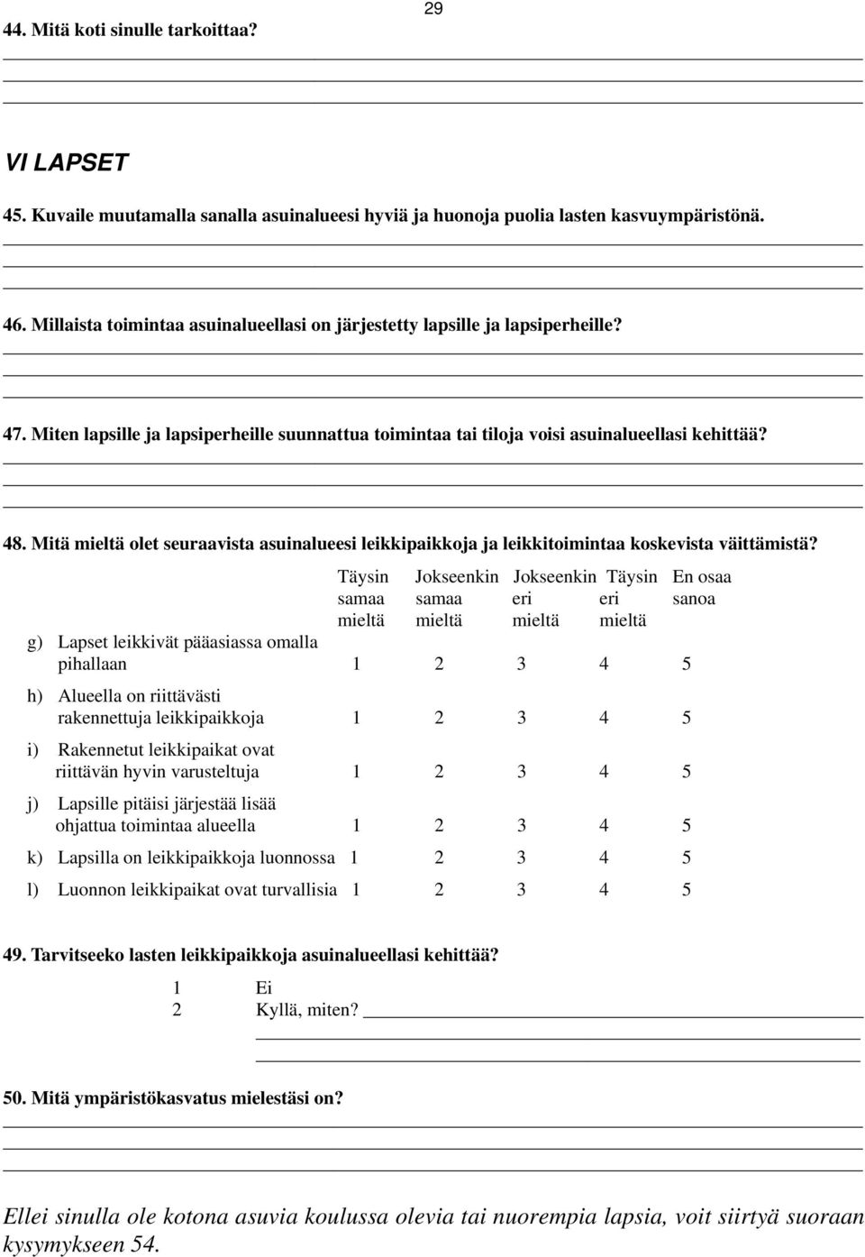 Mitä mieltä olet seuraavista asuinalueesi leikkipaikkoja ja leikkitoimintaa koskevista väittämistä?