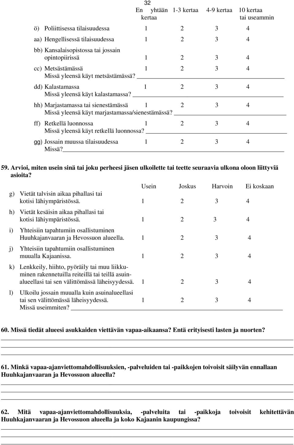 hh) Marjastamassa tai sienestämässä 1 2 3 4 Missä yleensä käyt marjastamassa/sienestämässä? ff) Retkellä luonnossa 1 2 3 4 Missä yleensä käyt retkellä luonnossa?