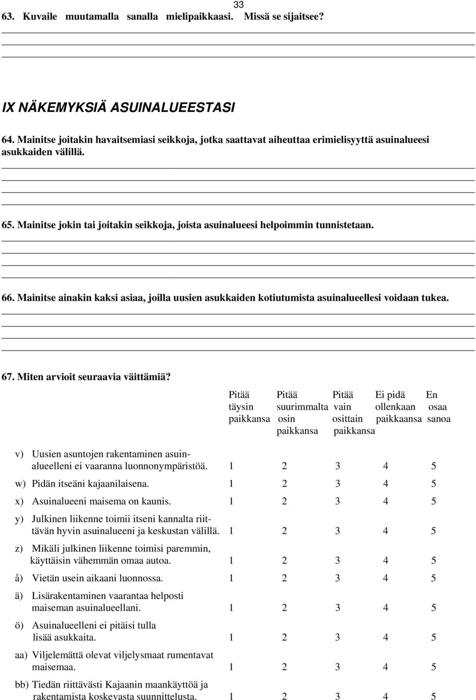 Mainitse jokin tai joitakin seikkoja, joista asuinalueesi helpoimmin tunnistetaan. 66. Mainitse ainakin kaksi asiaa, joilla uusien asukkaiden kotiutumista asuinalueellesi voidaan tukea. 67.