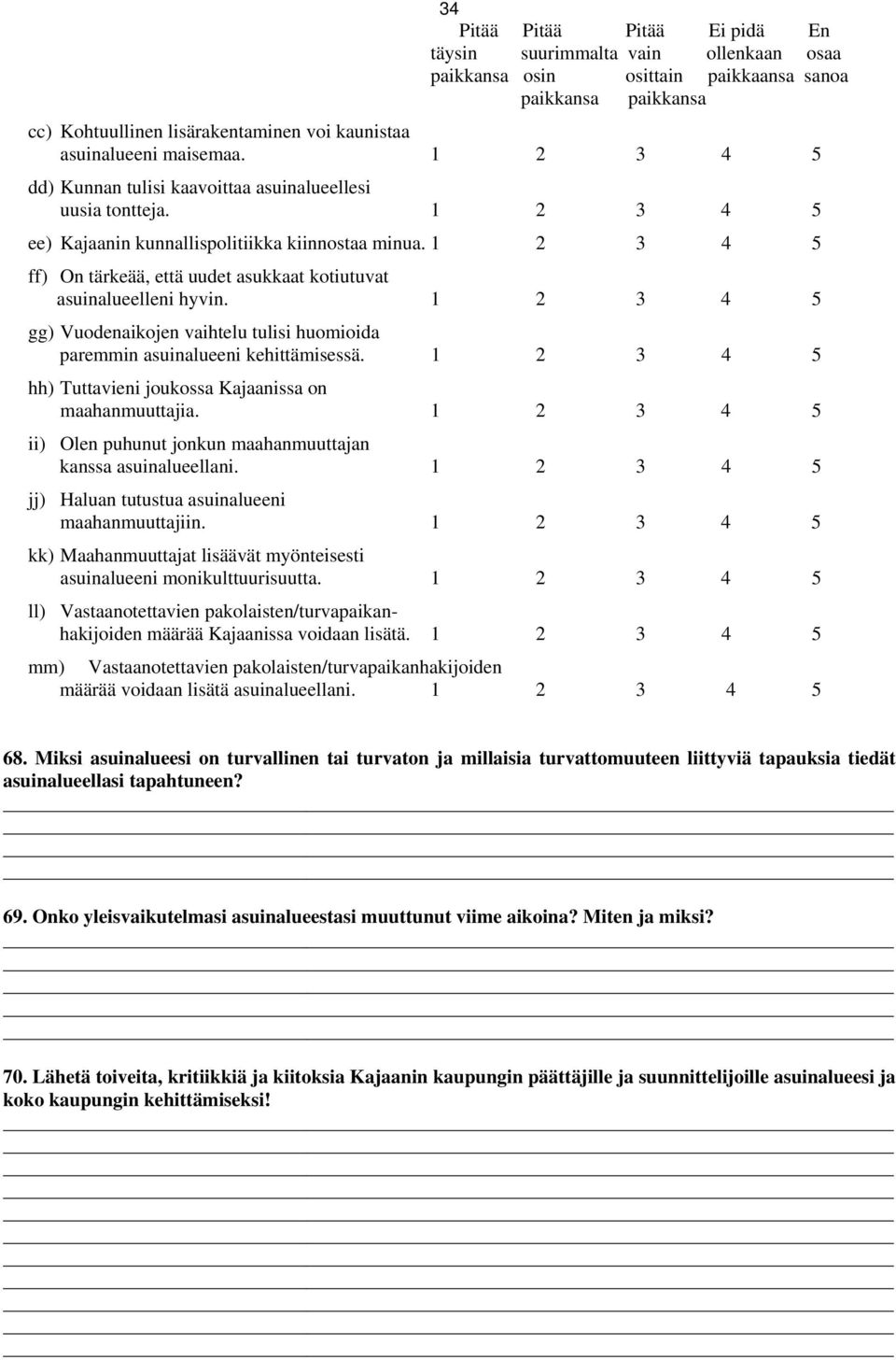 1 2 3 4 5 ff) On tärkeää, että uudet asukkaat kotiutuvat asuinalueelleni hyvin. 1 2 3 4 5 gg) Vuodenaikojen vaihtelu tulisi huomioida paremmin asuinalueeni kehittämisessä.