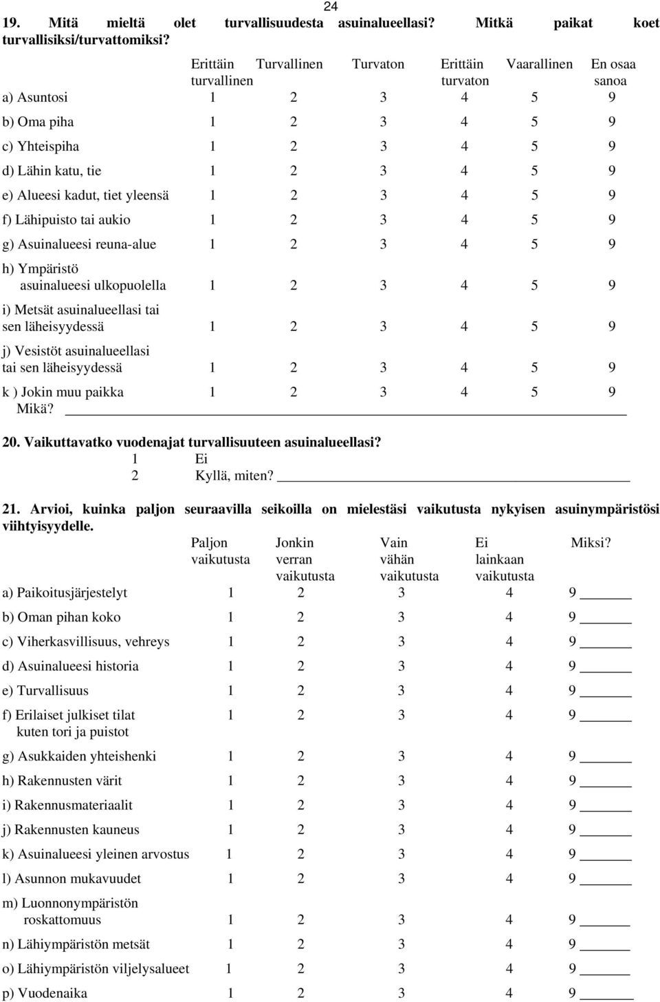 Alueesi kadut, tiet yleensä 1 2 3 4 5 9 f) Lähipuisto tai aukio 1 2 3 4 5 9 g) Asuinalueesi reuna-alue 1 2 3 4 5 9 h) Ympäristö asuinalueesi ulkopuolella 1 2 3 4 5 9 i) Metsät asuinalueellasi tai sen