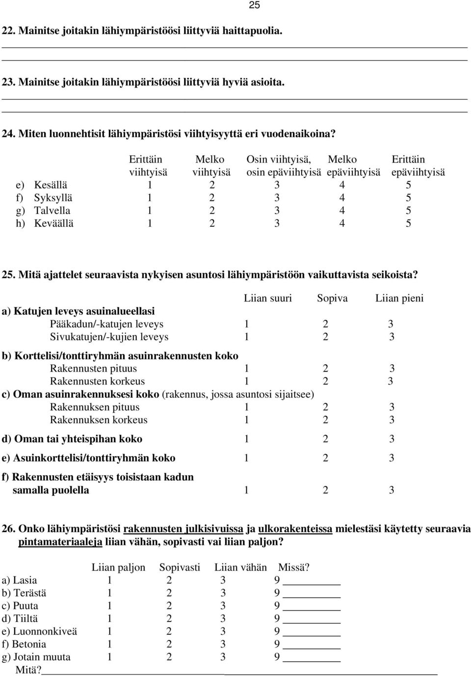 25. Mitä ajattelet seuraavista nykyisen asuntosi lähiympäristöön vaikuttavista seikoista?