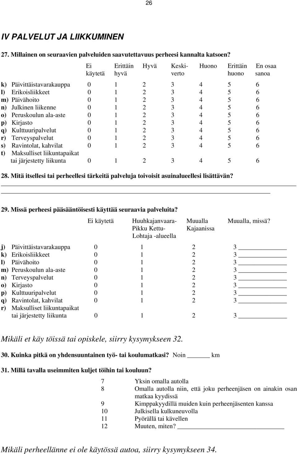 0 1 2 3 4 5 6 o) Peruskoulun ala-aste 0 1 2 3 4 5 6 p) Kirjasto 0 1 2 3 4 5 6 q) Kulttuuripalvelut 0 1 2 3 4 5 6 r) Terveyspalvelut 0 1 2 3 4 5 6 s) Ravintolat, kahvilat 0 1 2 3 4 5 6 t) Maksulliset