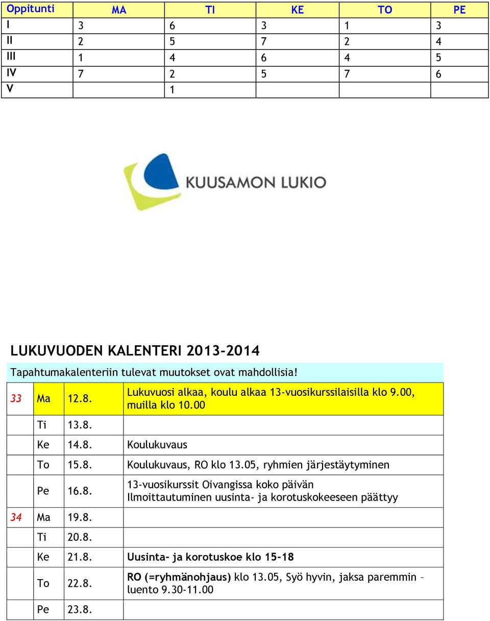 05, ryhmien järjestäytyminen Pe 16.8. 34 Ma 19.8. Ti 20.8. 13-vuosikurssit Oivangissa koko päivän Ilmoittautuminen uusinta- ja korotuskokeeseen päättyy Ke 21.