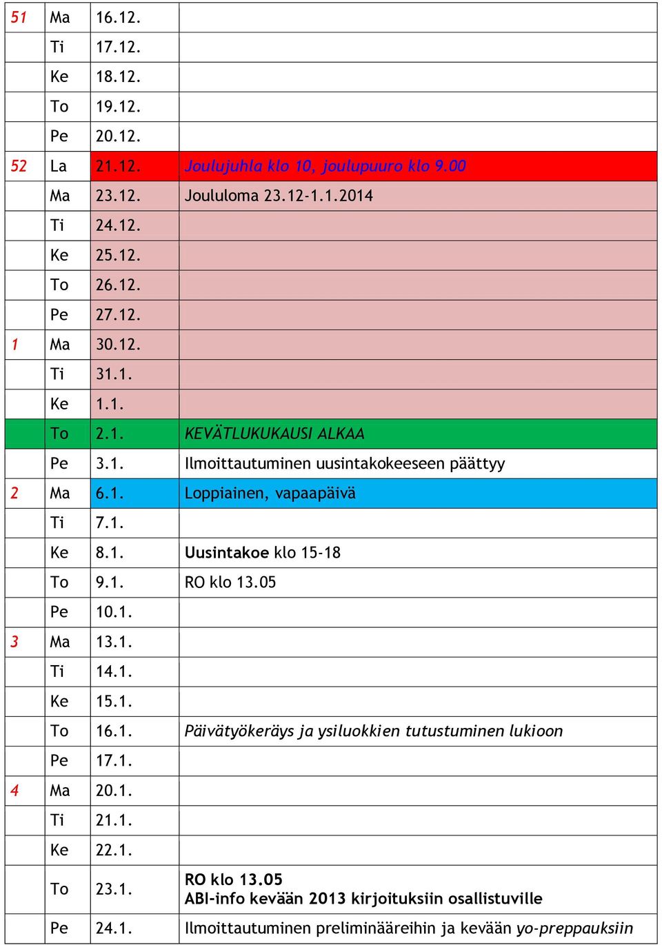 1. Uusintakoe klo 15-18 To 9.1. RO klo 13.05 Pe 10.1. 3 Ma 13.1. Ti 14.1. Ke 15.1. To 16.1. Päivätyökeräys ja ysiluokkien tutustuminen lukioon Pe 17.1. 4 Ma 20.1. Ti 21.