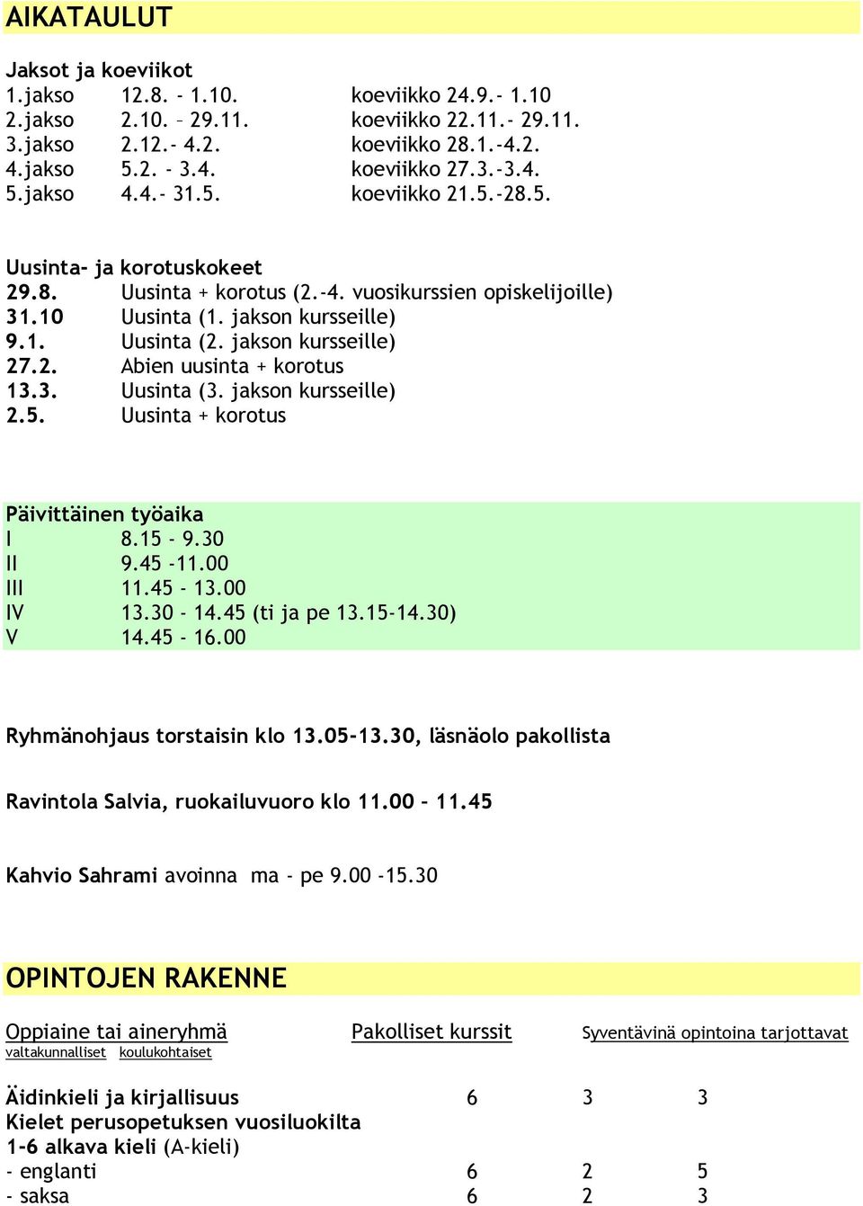 jakson kursseille) 27.2. Abien uusinta + korotus 13.3. Uusinta (3. jakson kursseille) 2.5. Uusinta + korotus Päivittäinen työaika I 8.15-9.30 II 9.45-11.00 III 11.45-13.00 IV 13.30-14.45 (ti ja pe 13.