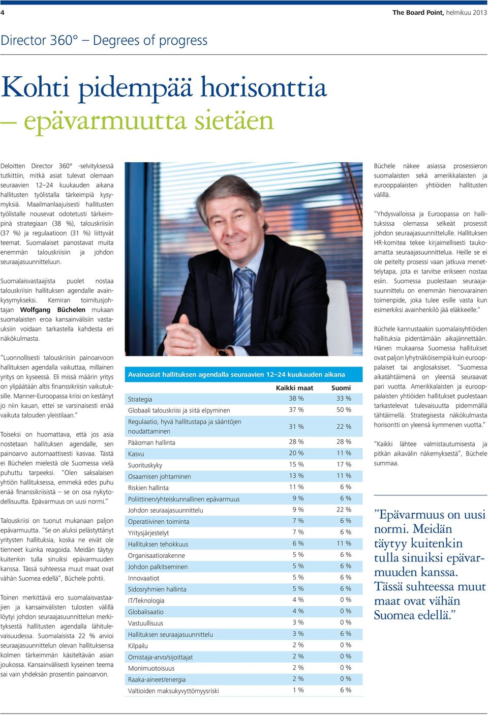 Maailmanlaajuisesti hallitusten työlistalle nousevat odotetusti tärkeimpinä strategiaan (38 %), talouskriisiin (37 %) ja regulaatioon (31 %) liittyvät teemat.