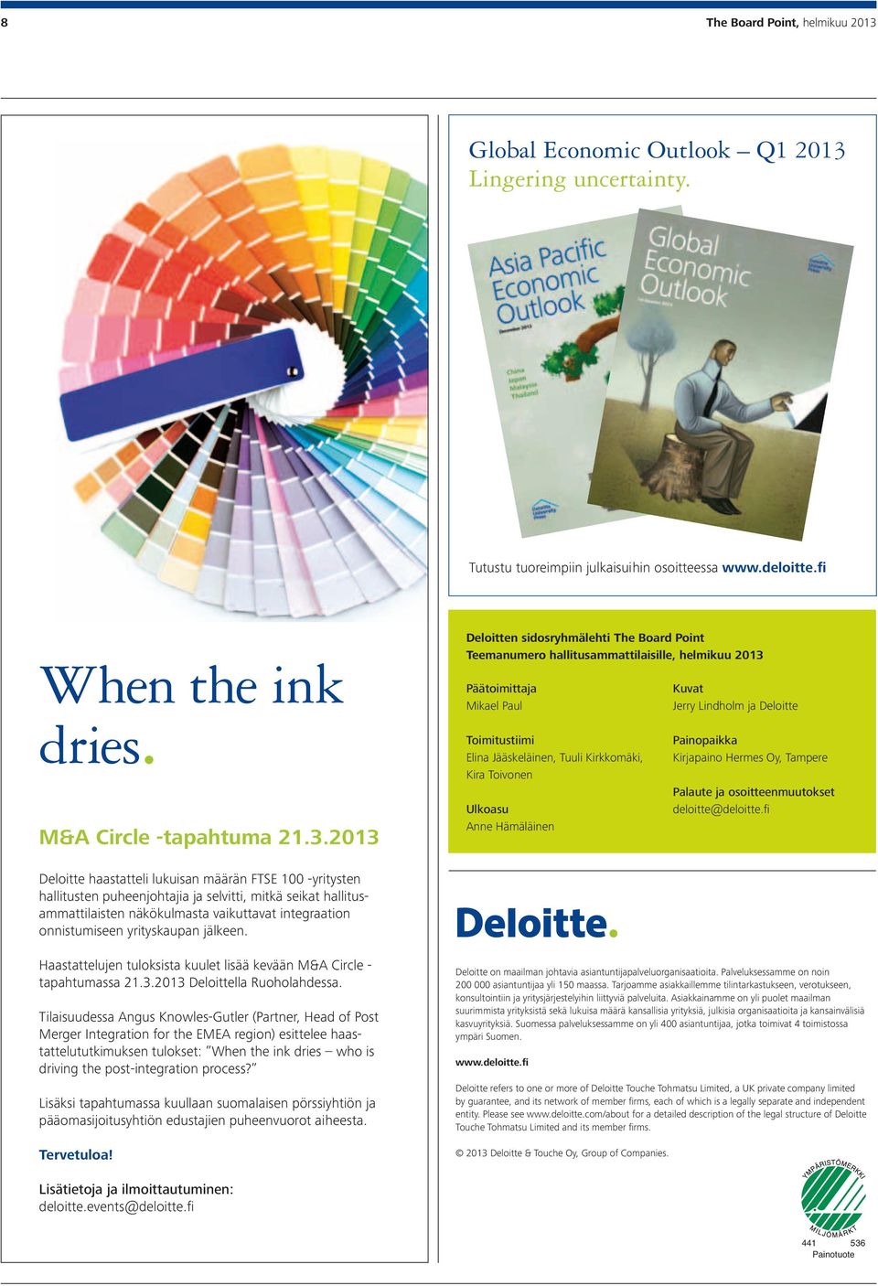 2013 Deloitten sidosryhmälehti The Board Point Teemanumero hallitusammattilaisille, helmikuu 2013 Päätoimittaja Mikael Paul Kuvat Jerry Lindholm ja Deloitte Toimitustiimi Elina Jääskeläinen, Tuuli