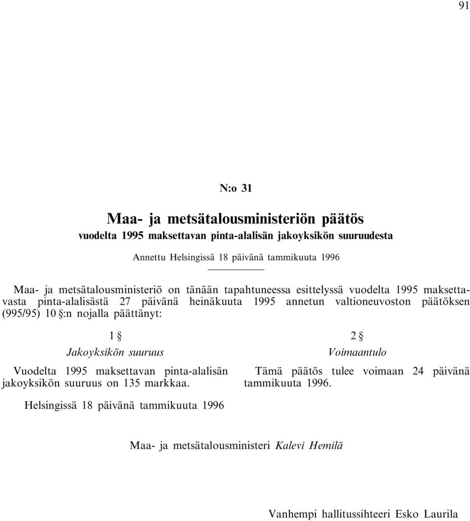 päätöksen (995/95) 10 :n nojalla päättänyt: 1 Jakoyksikön suuruus Vuodelta 1995 maksettavan pinta-alalisän jakoyksikön suuruus on 135 markkaa.