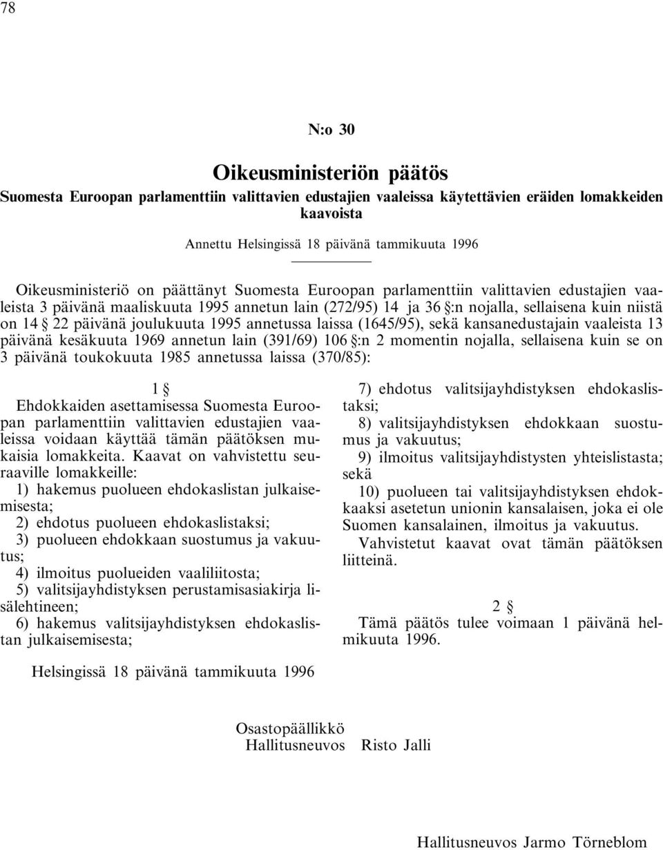 päivänä joulukuuta 1995 annetussa laissa (1645/95), sekä kansanedustajain vaaleista 13 päivänä kesäkuuta 1969 annetun lain (391/69) 106 :n 2 momentin nojalla, sellaisena kuin se on 3 päivänä