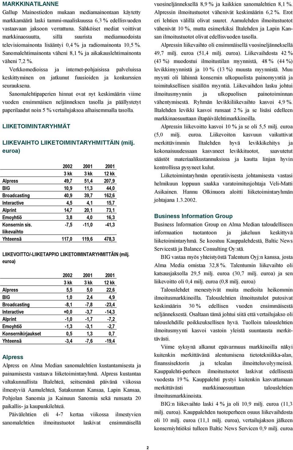 Sanomalehtimainonta väheni 8,1 % ja aikakauslehtimainonta väheni 7,2 %. Verkkomedioissa ja internet-pohjaisissa palveluissa keskittyminen on jatkunut fuusioiden ja konkurssien seurauksena.