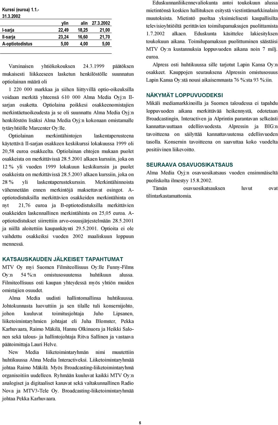 henkilöstölle suunnatun optiolainan määrä oli 1 220 000 markkaa ja siihen liittyvillä optio-oikeuksilla voidaan merkitä yhteensä 610 000 Alma Media Oyj:n IIsarjan osaketta.