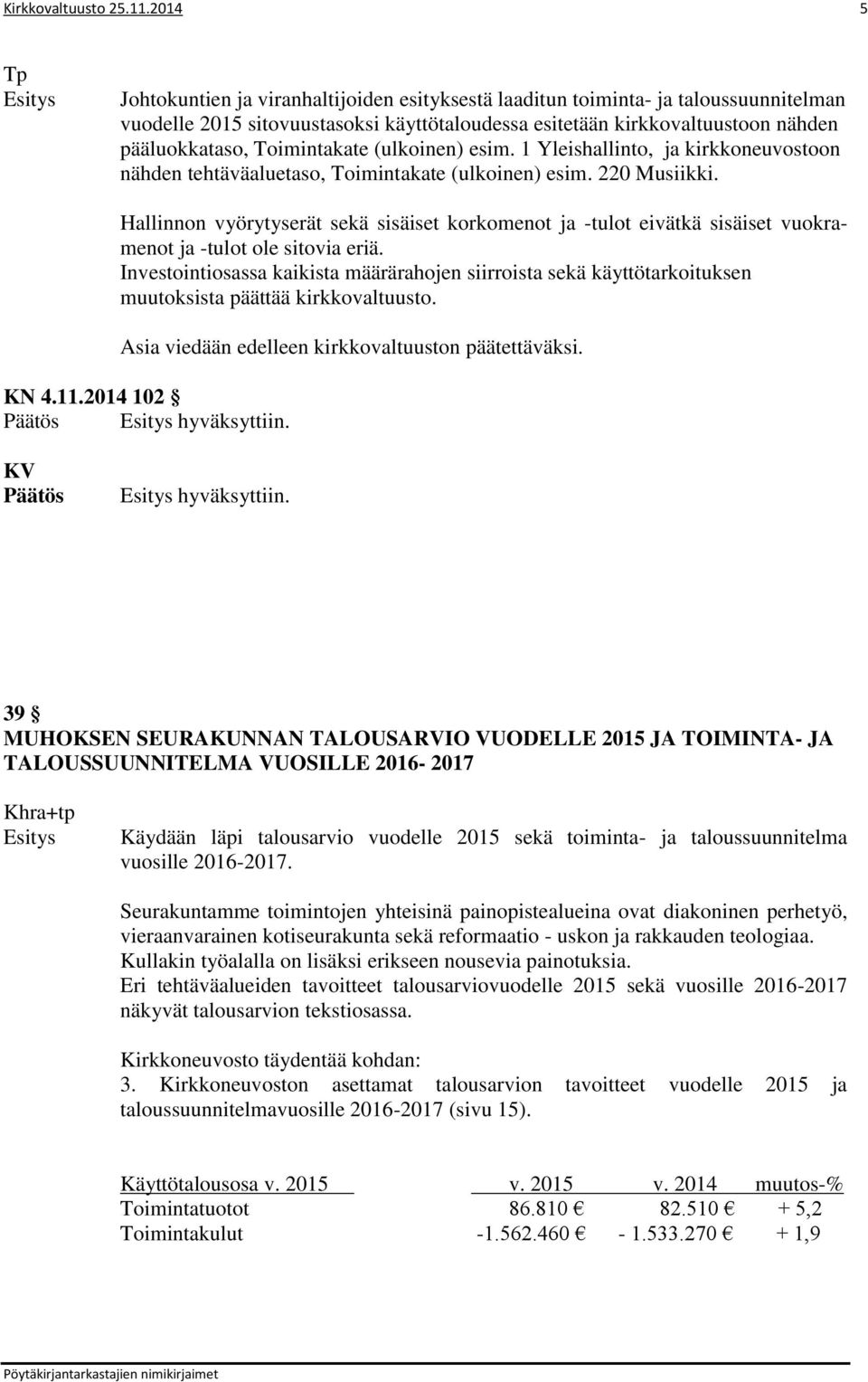 Toimintakate (ulkoinen) esim. 1 Yleishallinto, ja kirkkoneuvostoon nähden tehtäväaluetaso, Toimintakate (ulkoinen) esim. 220 Musiikki.