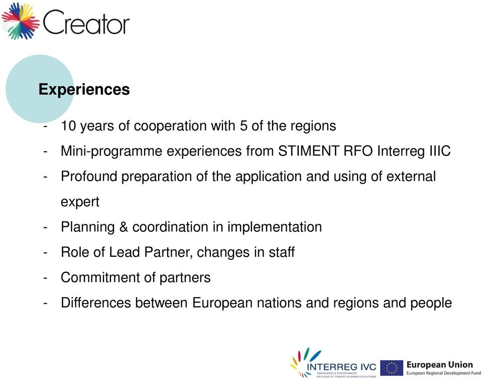 external expert - Planning & coordination in implementation - Role of Lead Partner,
