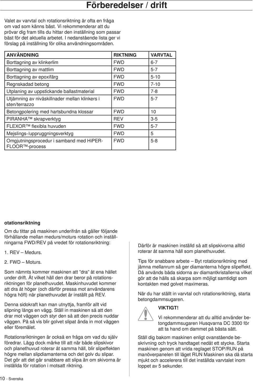 ANVÄNDNING RIKTNING VARVTAL Borttagning av klinkerlim FWD 6-7 Borttagning av mattlim FWD 5-7 Borttagning av epoxifärg FWD 5-10 Regnskadad betong FWD 7-10 Utplaning av uppstickande ballastmaterial FWD