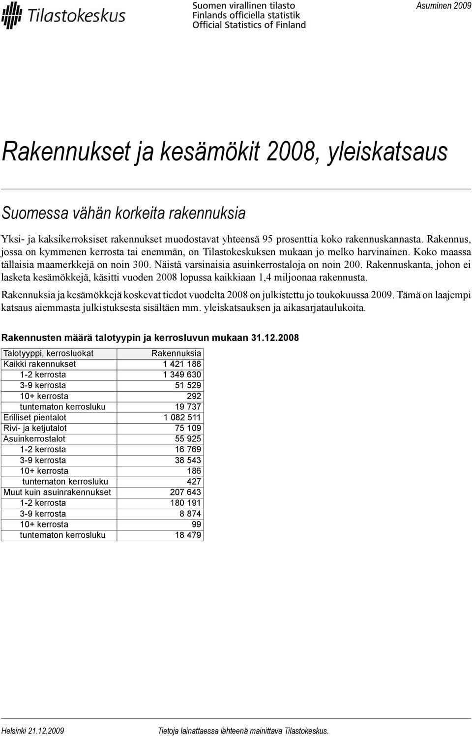 Rakennuskanta, johon ei lasketa kesämökkejä, käsitti vuoden 2008 lopussa kaikkiaan 1,4 miljoonaa rakennusta.