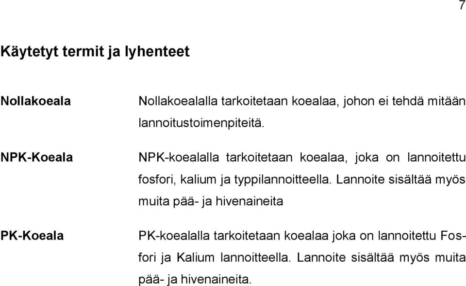 NPK-koealalla tarkoitetaan koealaa, joka on lannoitettu fosfori, kalium ja typpilannoitteella.