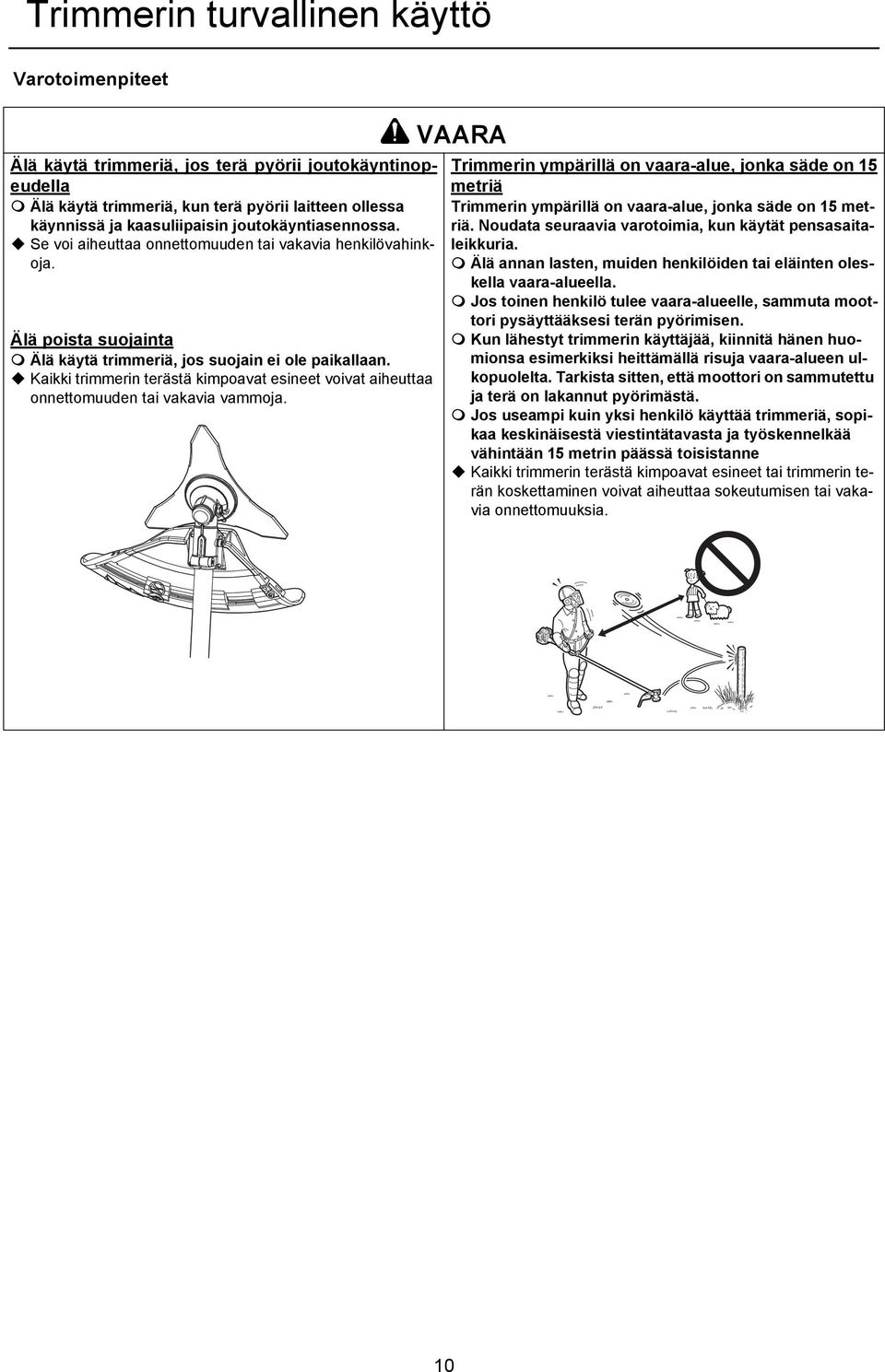 Kaikki trimmerin terästä kimpoavat esineet voivat aiheuttaa onnettomuuden tai vakavia vammoja.