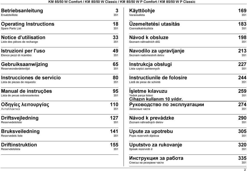 sobresselentes 351 Οδηγίες λειτουργίας 110 Áíôáëëáêôéêá 351 Driftsvejledning 127 Reservedelsliste 351 Bruksveiledning 141 Reservedels liste 351 Driftinstruktion 155 Reservdelslista 351 Käyttöohje 169