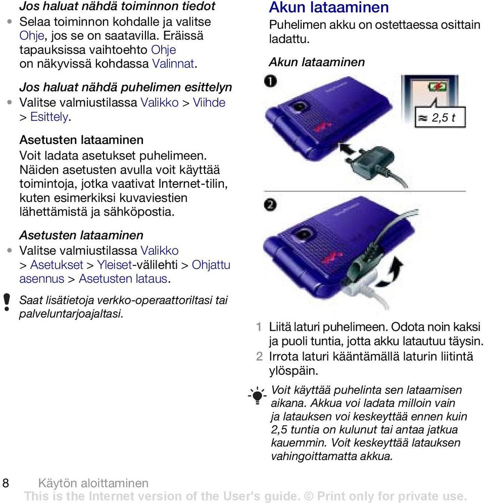 Näiden asetusten avulla voit käyttää toimintoja, jotka vaativat Internet-tilin, kuten esimerkiksi kuvaviestien lähettämistä ja sähköpostia.