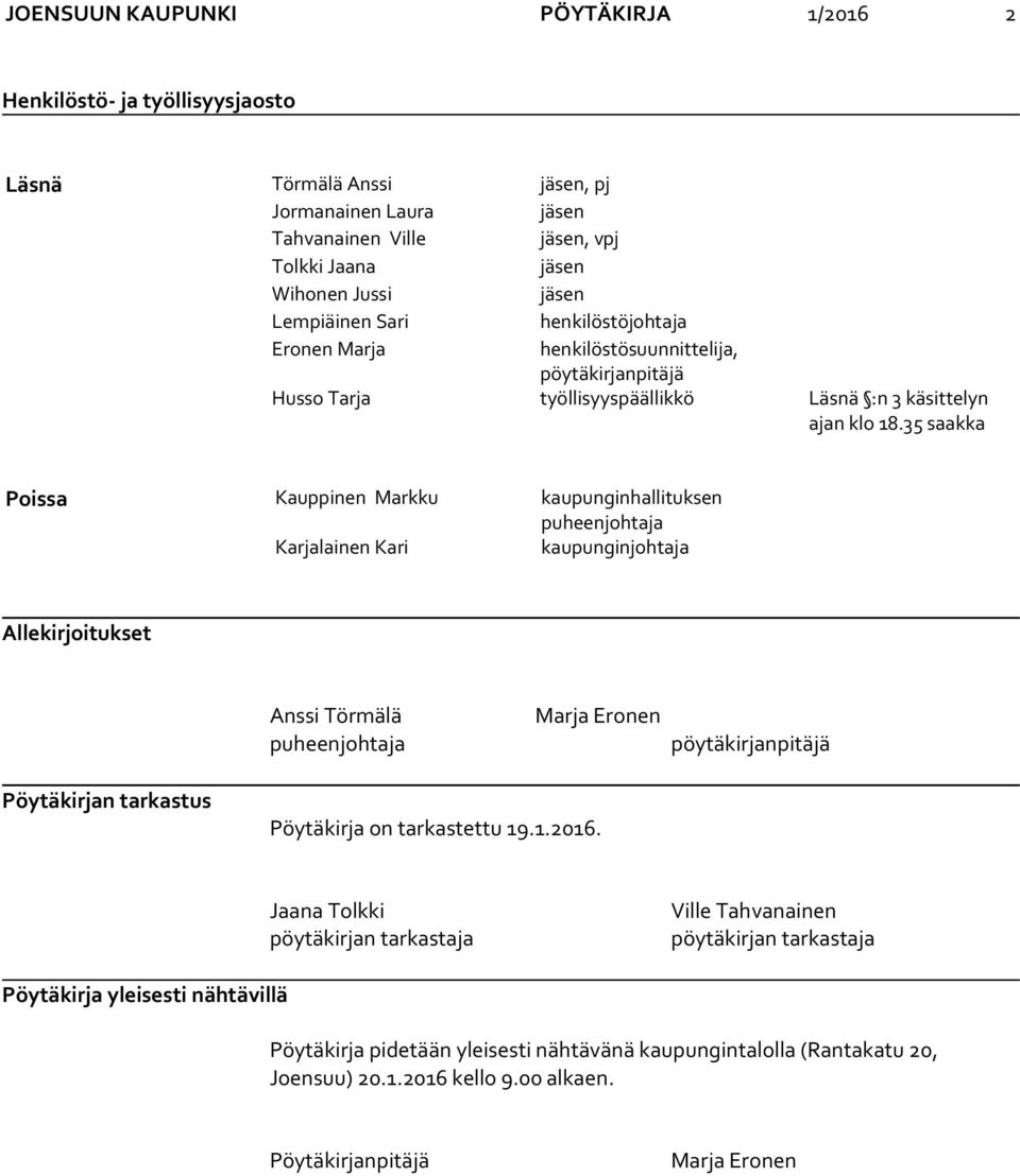 35 saakka Poissa Kauppinen Markku kaupunginhallituksen puheenjohtaja Karjalainen Kari kaupunginjohtaja Allekirjoitukset Anssi Törmälä puheenjohtaja Marja Eronen pöytäkirjanpitäjä Pöytäkirjan