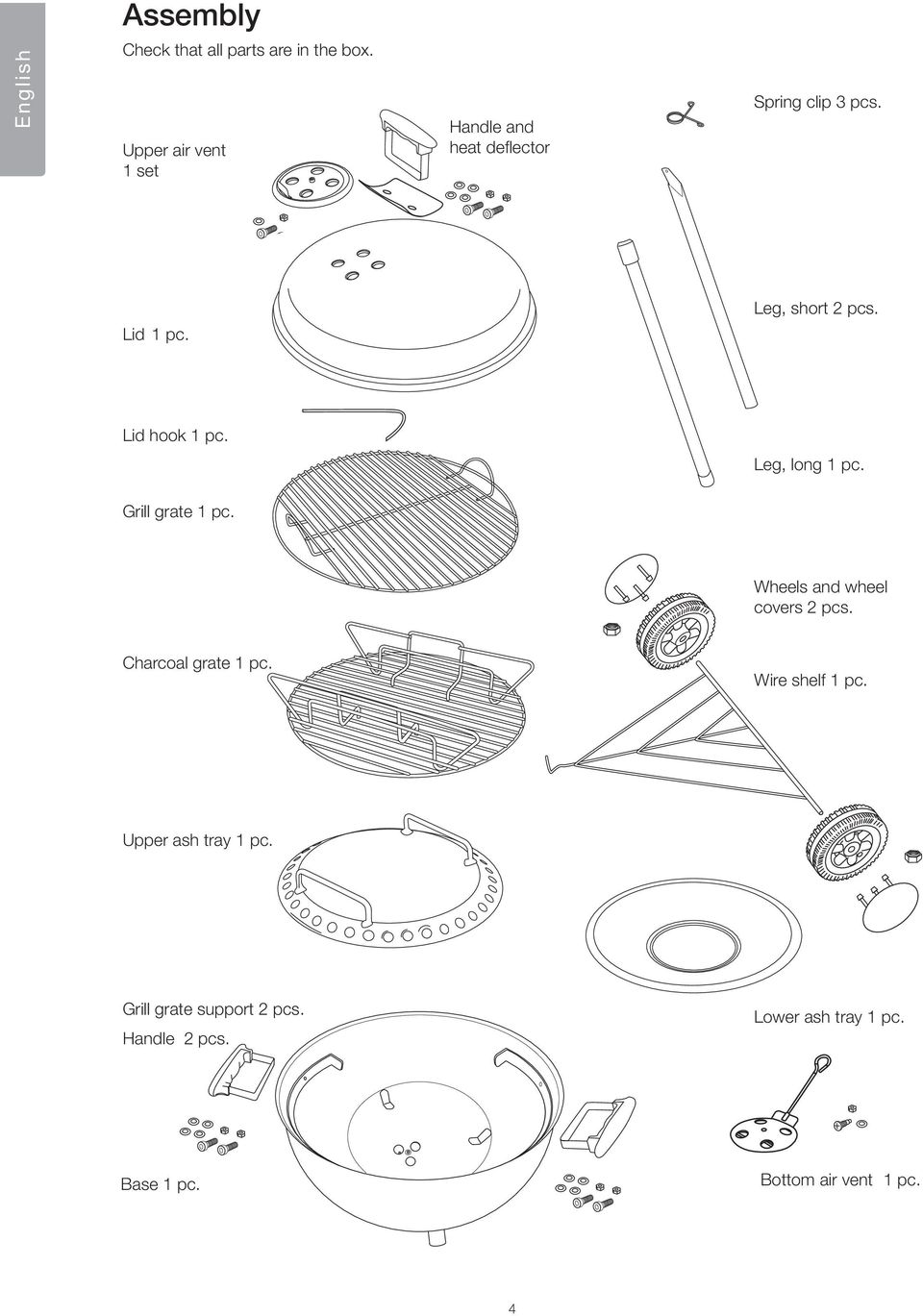 Lid hook 1 pc. Leg, long 1 pc. Grill grate 1 pc. Wheels and wheel covers 2 pcs.