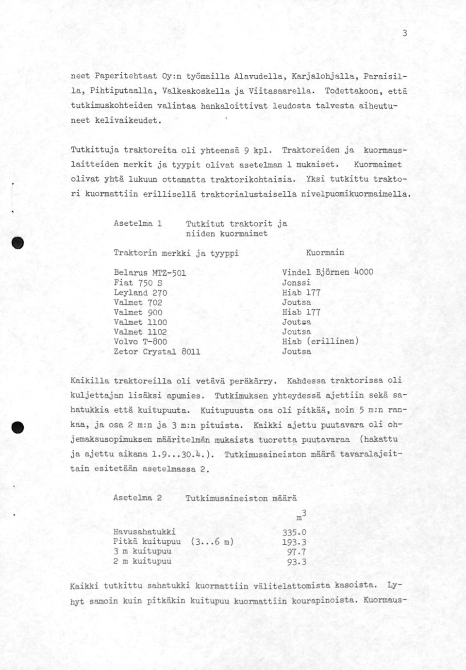 Traktoreiden Ja laitteiden merkit ja tyypit olivat asetelman 1 mukaiset. olivat yhtä lukuun ottamatta traktorikohtaisia.