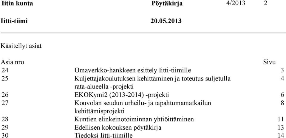 kehittäminen ja toteutus suljetulla 4 rata-alueella -projekti 26 EKOKymi2 (2013-2014) -projekti 6 27 Kouvolan