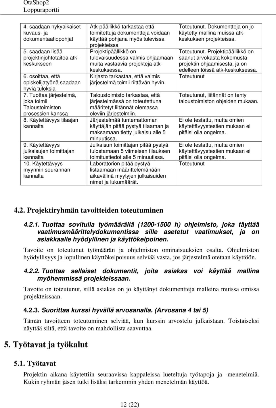 Käytettävyys myynnin seurannan kannalta Atk-päällikkö tarkastaa että toimitettuja dokumentteja voidaan käyttää pohjana myös tulevissa projekteissa Projektipäällikkö on tulevaisuudessa valmis