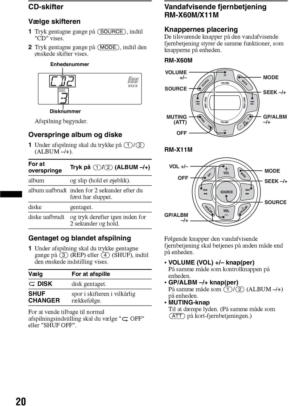 RM-X60M VOLUME +/ MODE SOURCE SEEK /+ Afspilning begynder. Overspringe album og diske 1 Under afspilning skal du trykke på (1)/(2) (ALBUM /+).