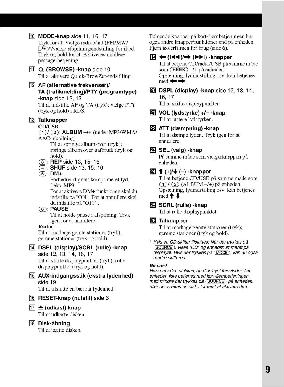 L AF (alternative frekvenser)/ TA (trafikmelding)/pty (programtype) -knap side 12, 13 Til at indstille AF og TA (tryk); vælge PTY (tryk og hold) i RDS.