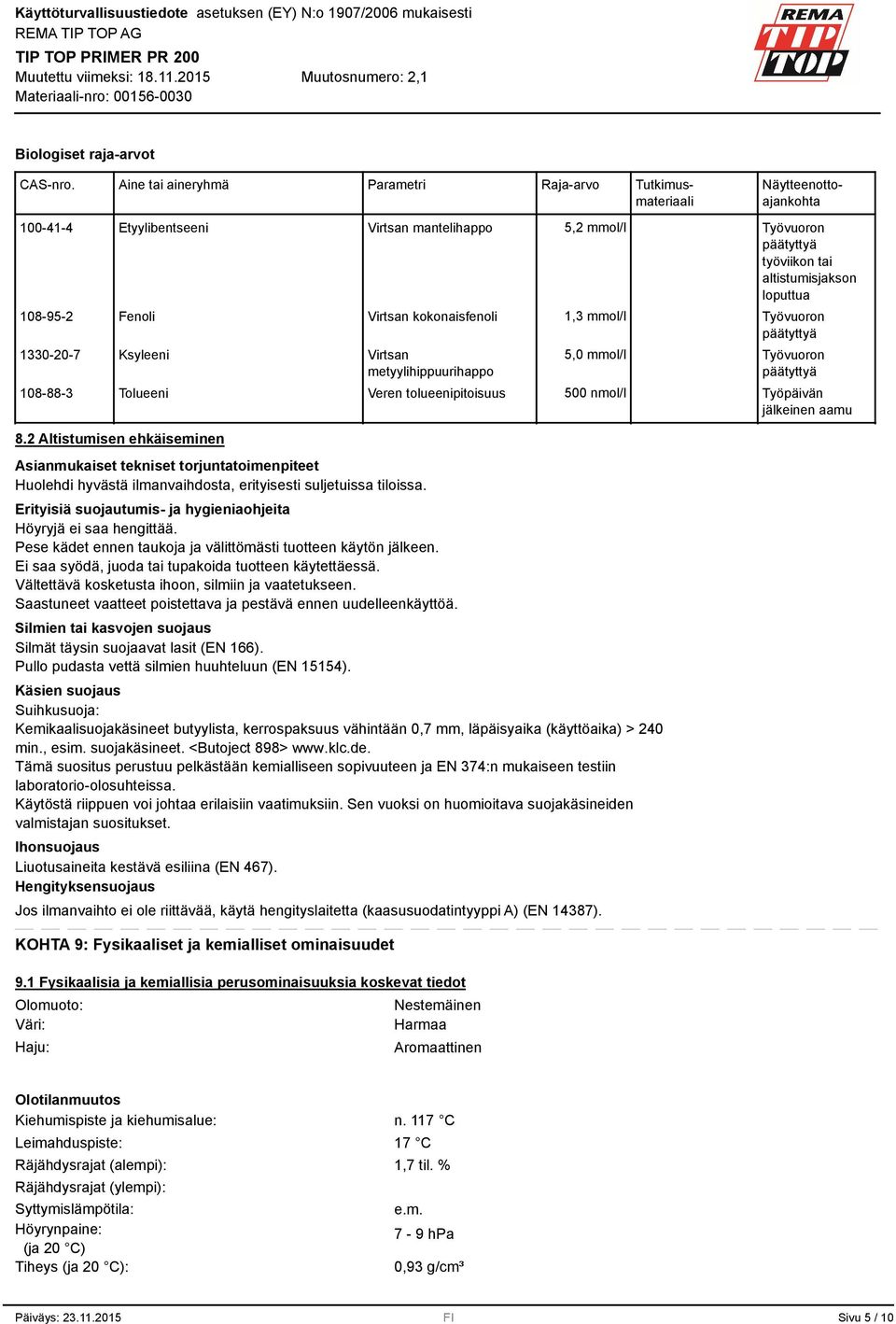 108-95-2 Fenoli Virtsan kokonaisfenoli 1, mmol/l Työvuoron päätyttyä 10-20-7 Ksyleeni Virtsan 5,0 mmol/l Työvuoron metyylihippuurihappo päätyttyä 108-88- Tolueeni Veren tolueenipitoisuus 500 nmol/l