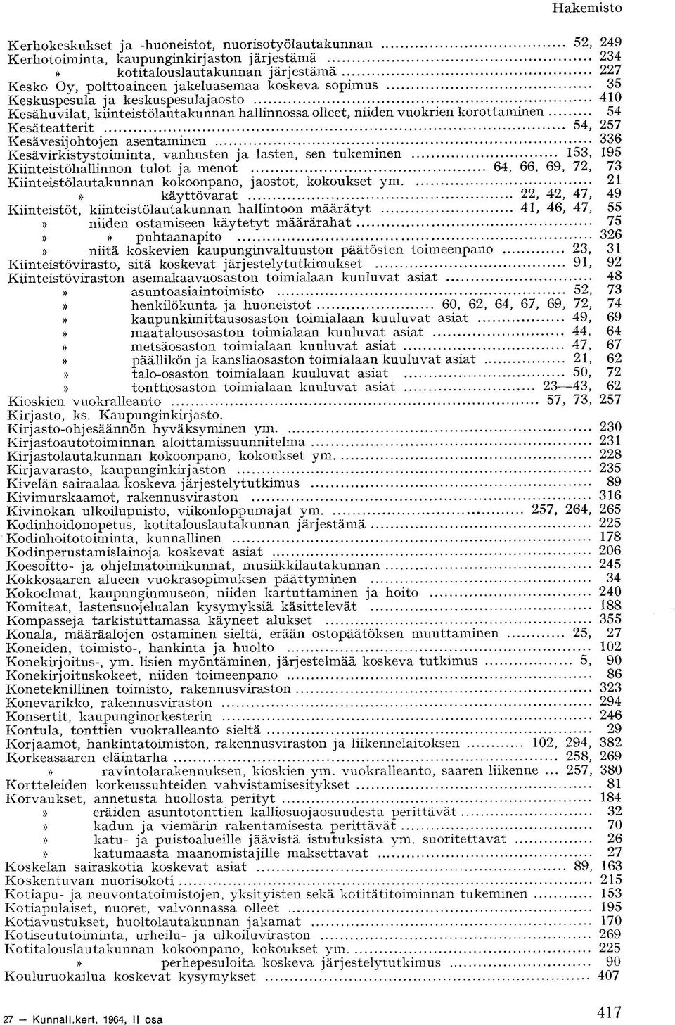 ja lasten, sen tukeminen, Kiinteistöhallinnon tulot ja menot 64, 66, 69, 72, Kiinteistölautakunnan kokoonpano, jaostot, kokoukset y m käyttövarat 22, 42, 47, Kiinteistöt, kiinteistölautakunnan