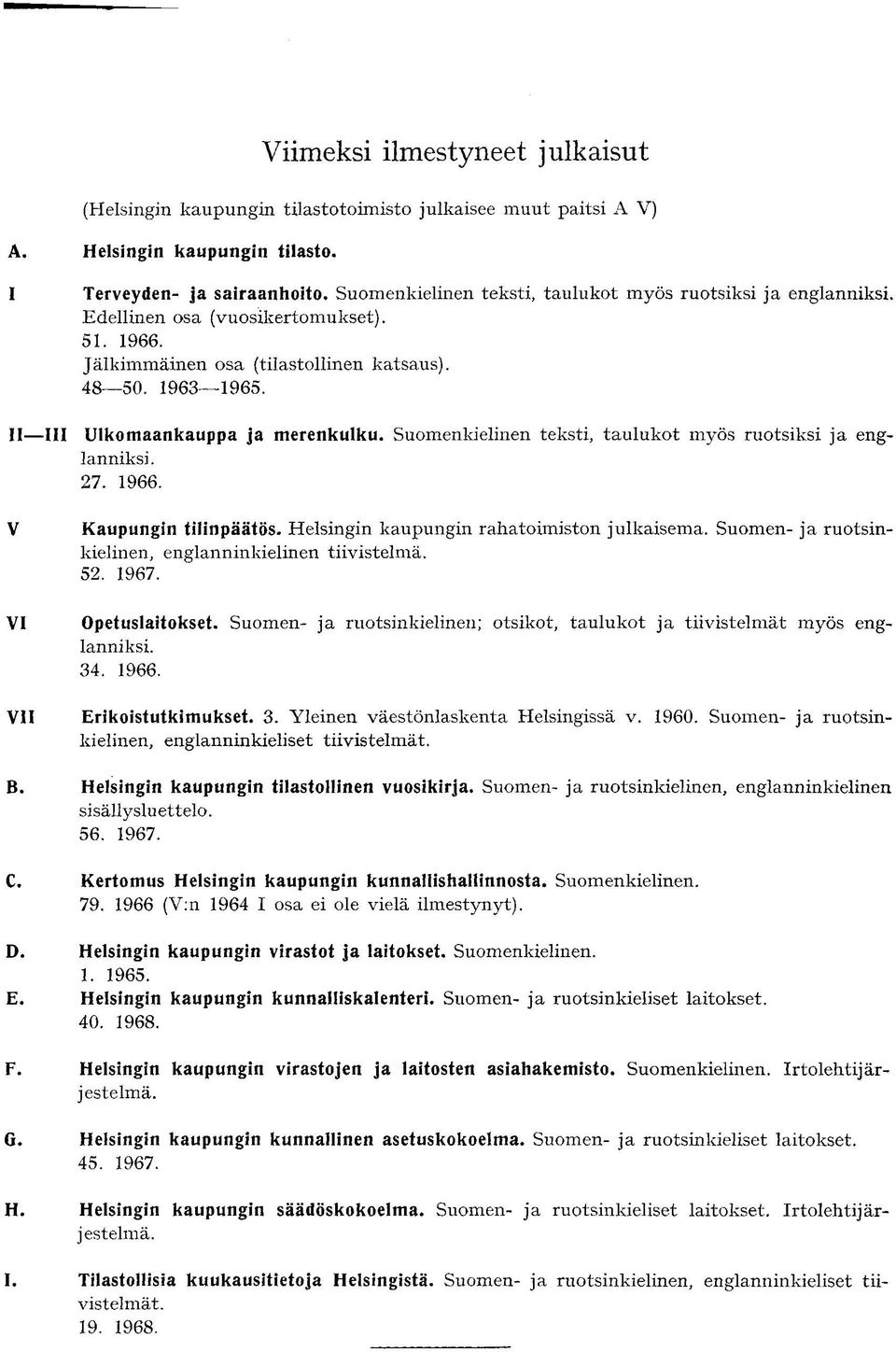 Suomenkielinen teksti, taulukot myös ruotsiksi ja englanniksi. 27. 1966. Kaupungin tilinpäätös. Helsingin kaupungin rahatoimiston julkaisema. Suomen- ja ruotsinkielinen, englanninkielinen tiivistelmä.