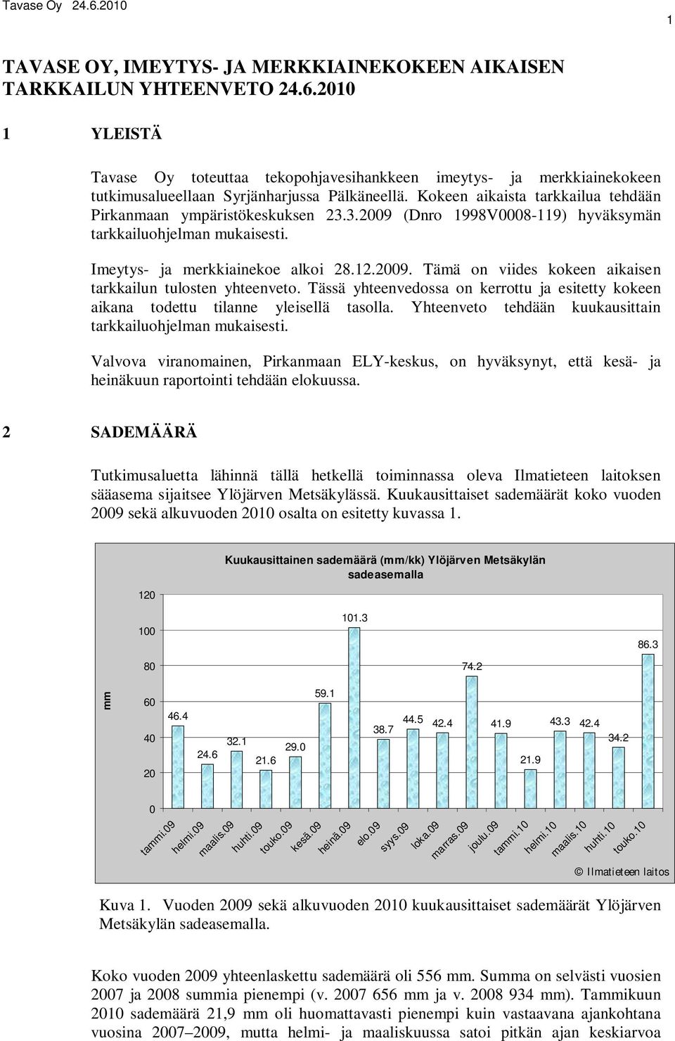 Kokeen aikaista tarkkailua tehdään Pirkanmaan ympäristökeskuksen 23.3.2009 (Dnro 1998V0008-119) hyväksymän tarkkailuohjelman mukaisesti. Imeytys- ja merkkiainekoe alkoi 28.12.2009. Tämä on viides kokeen aikaisen tarkkailun tulosten yhteenveto.