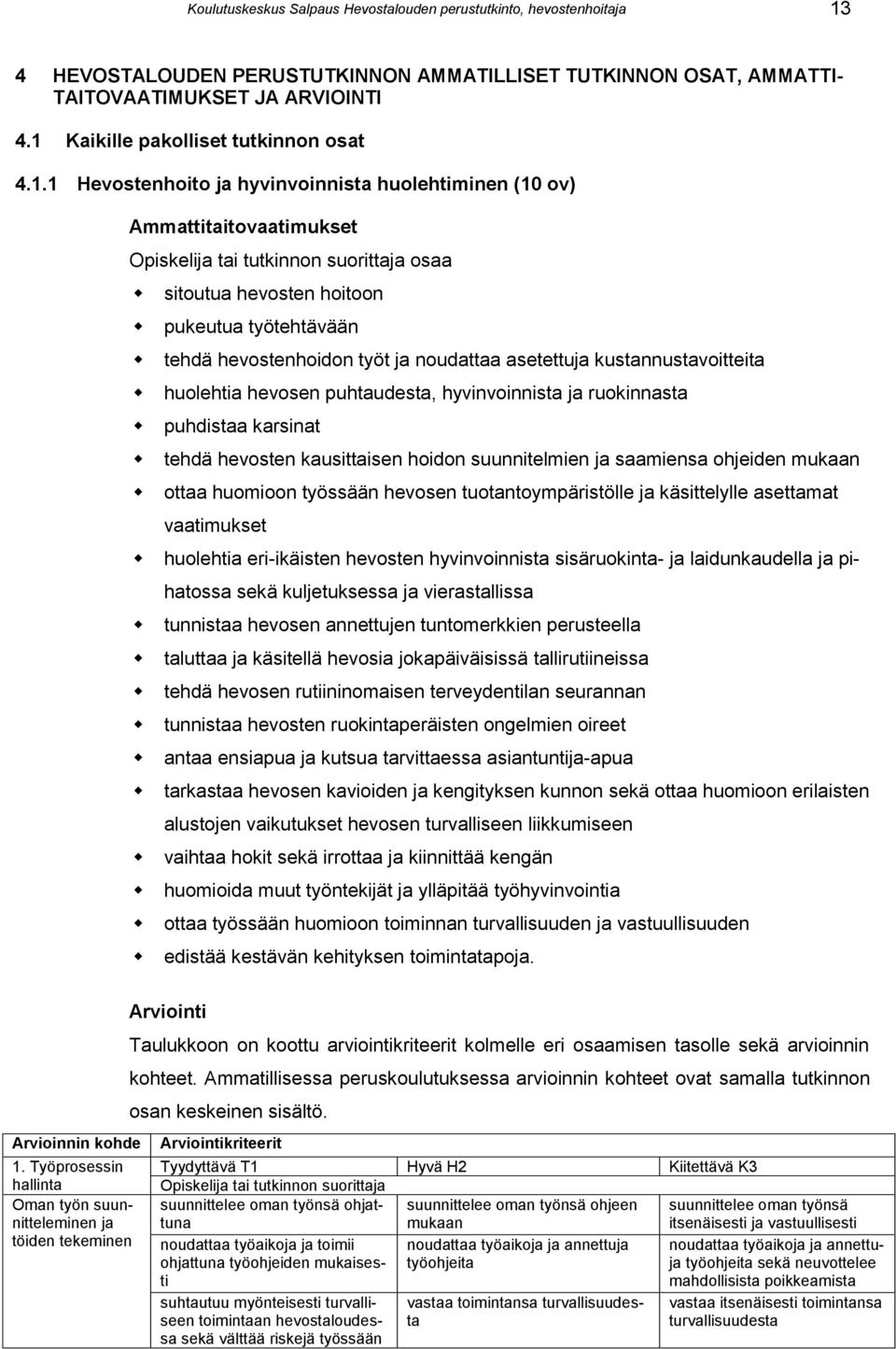 työtehtävään tehdä hevostenhoidon työt ja noudattaa asetettuja kustannustavoitteita huolehtia hevosen puhtaudesta, hyvinvoinnista ja ruokinnasta puhdistaa karsinat tehdä hevosten kausittaisen hoidon