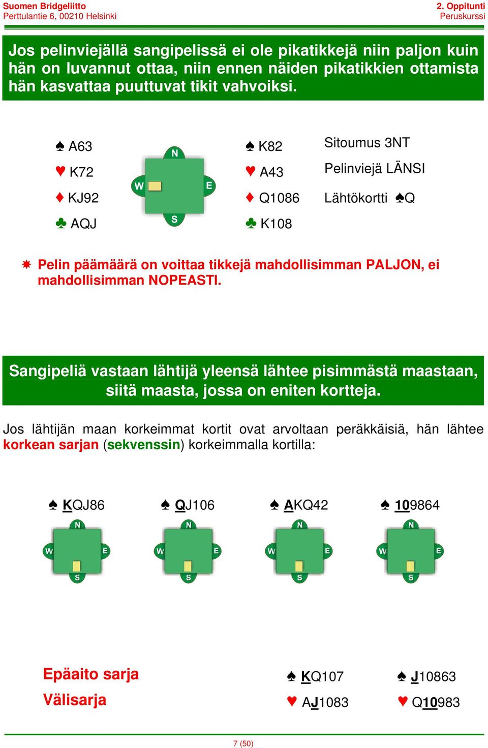 A63 K82 Sitoumus 3NT K72 A43 Pelinviejä LÄNSI KJ92 Q086 Lähtökortti Q AQJ K08 Pelin päämäärä on voittaa tikkejä mahdollisimman PALJON, ei mahdollisimman NOPEASTI.