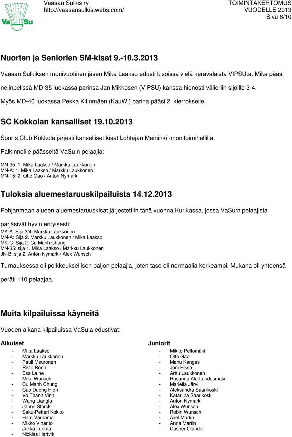 SC Kokkolan kansalliset 19.10.2013 Sports Club Kokkola järjesti kansalliset kisat Lohtajan Maininki -monitoimihallilla. Palkinnoille päässeitä VaSu:n pelaajia: MN-35: 1.